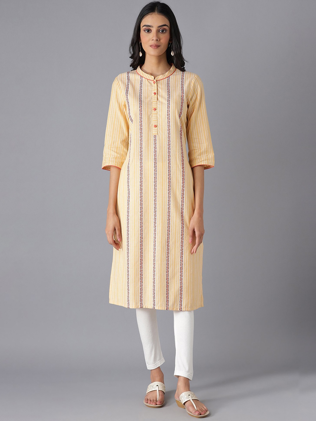 

AURELIA Women Orange & White Striped 100% Cotton Kurta