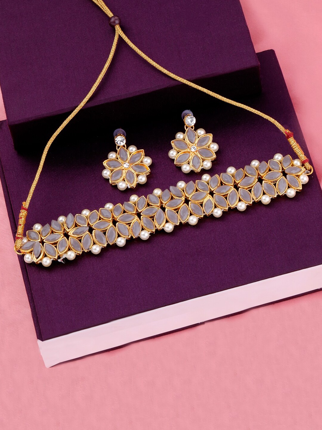 

Silver Shine Grey & White Gold-Plated Choker Necklace Set