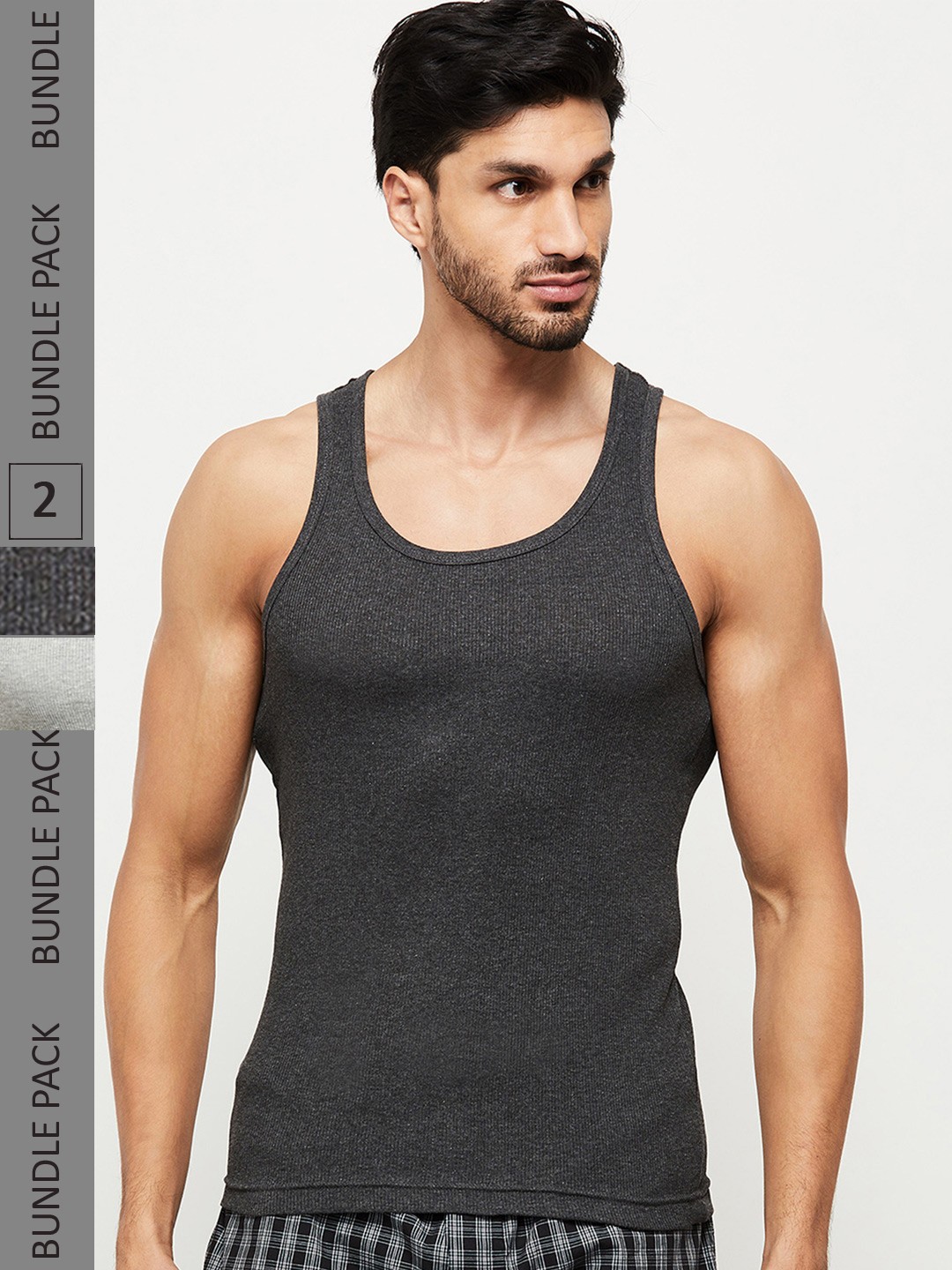 

max Men Pack of 2 Grey & Charcoal Grey Solid Cotton Innerwear Vests