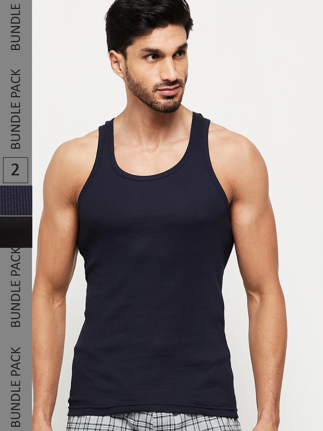 

max Men Black Pack of 2 Solid Cotton Innerwear Vests