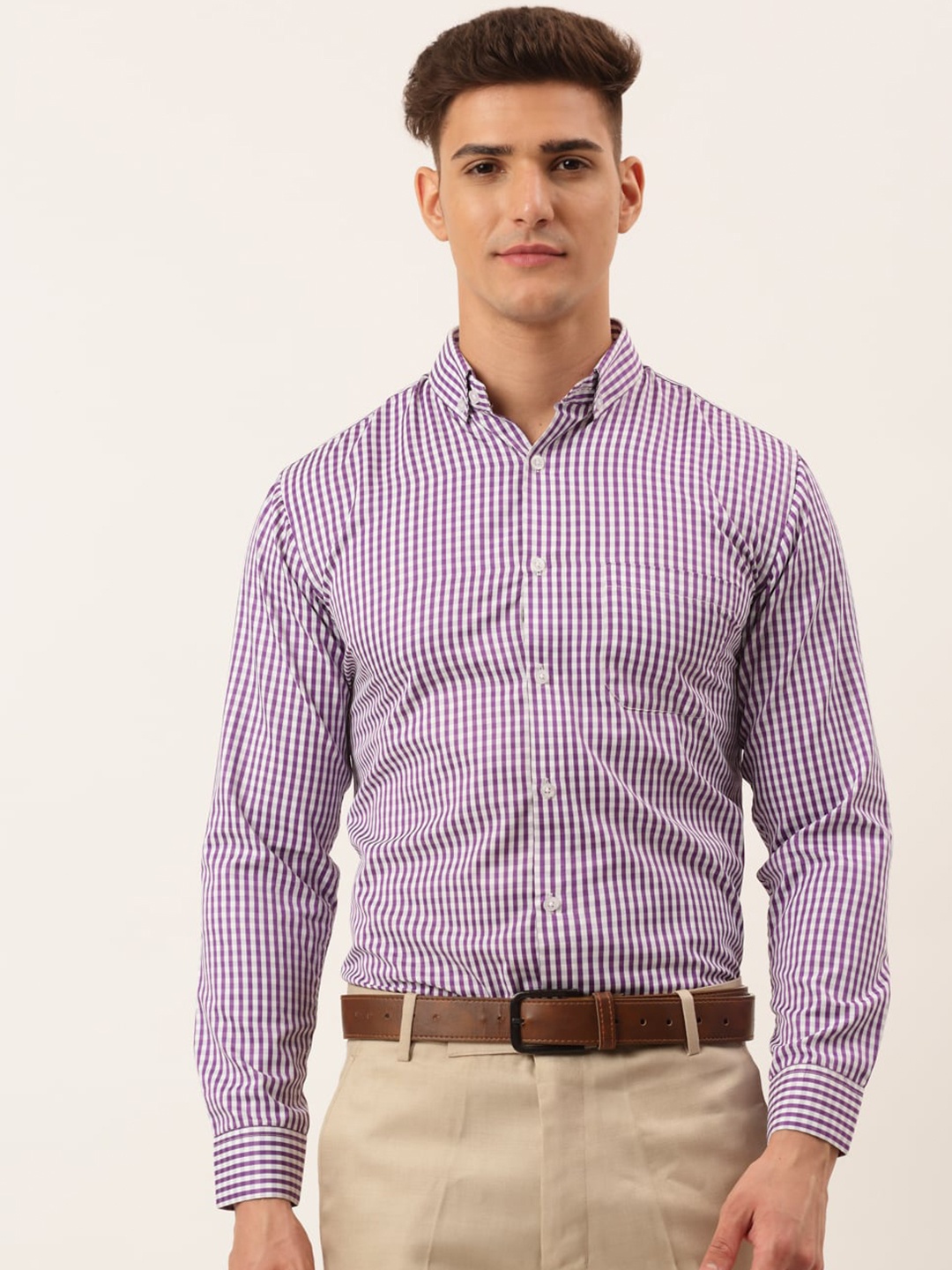 

JAINISH Men Purple Standard Gingham Checks Checked Formal Shirt