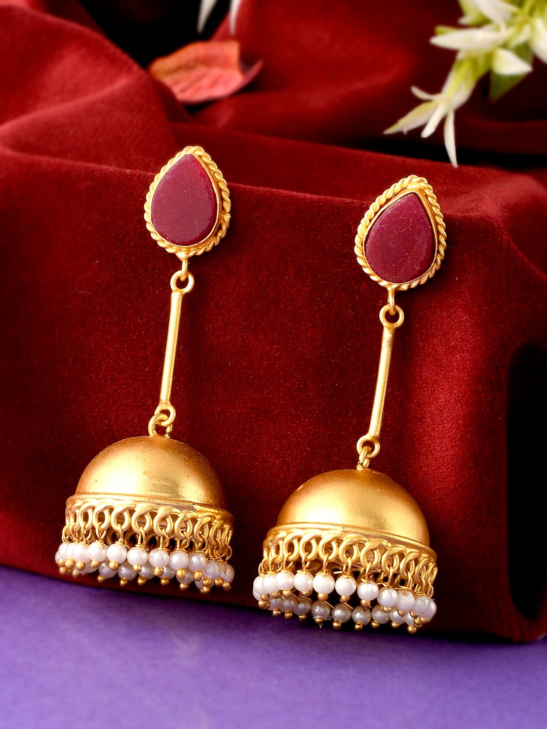 

Silvermerc Designs Maroon Dome Shaped Jhumkas Earrings
