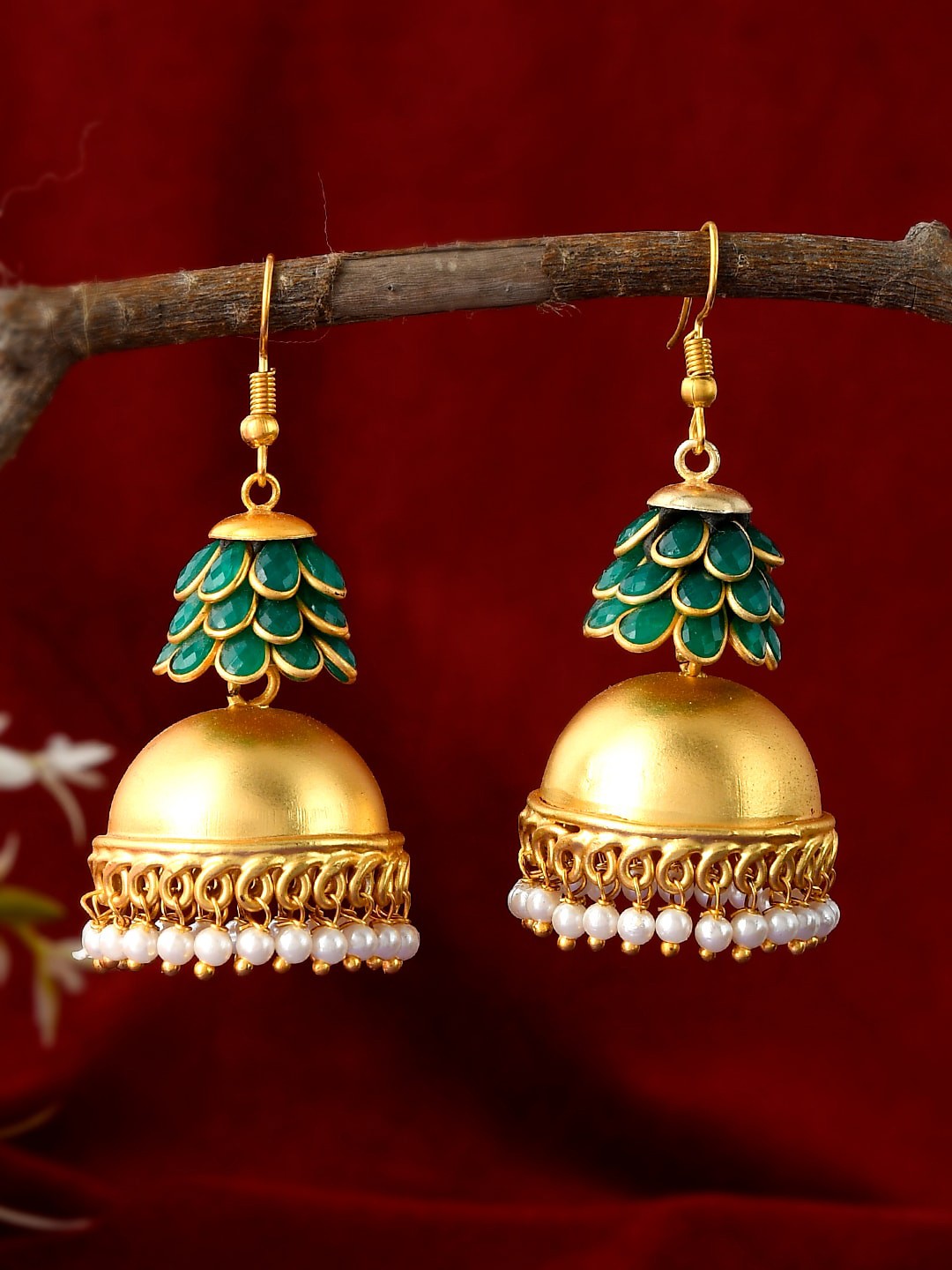 

Silvermerc Designs Gold-Toned & Green Contemporary Jhumkas Earrings