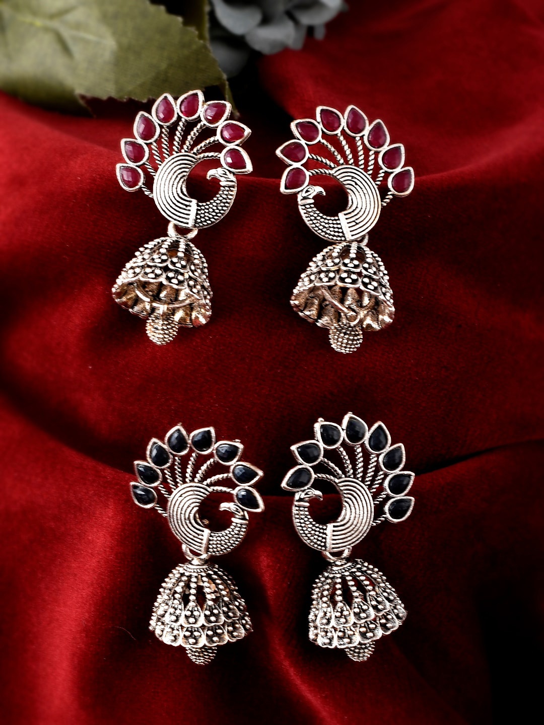 

Silvermerc Designs Silver-Toned Oxidised Contemporary Jhumkas Earrings