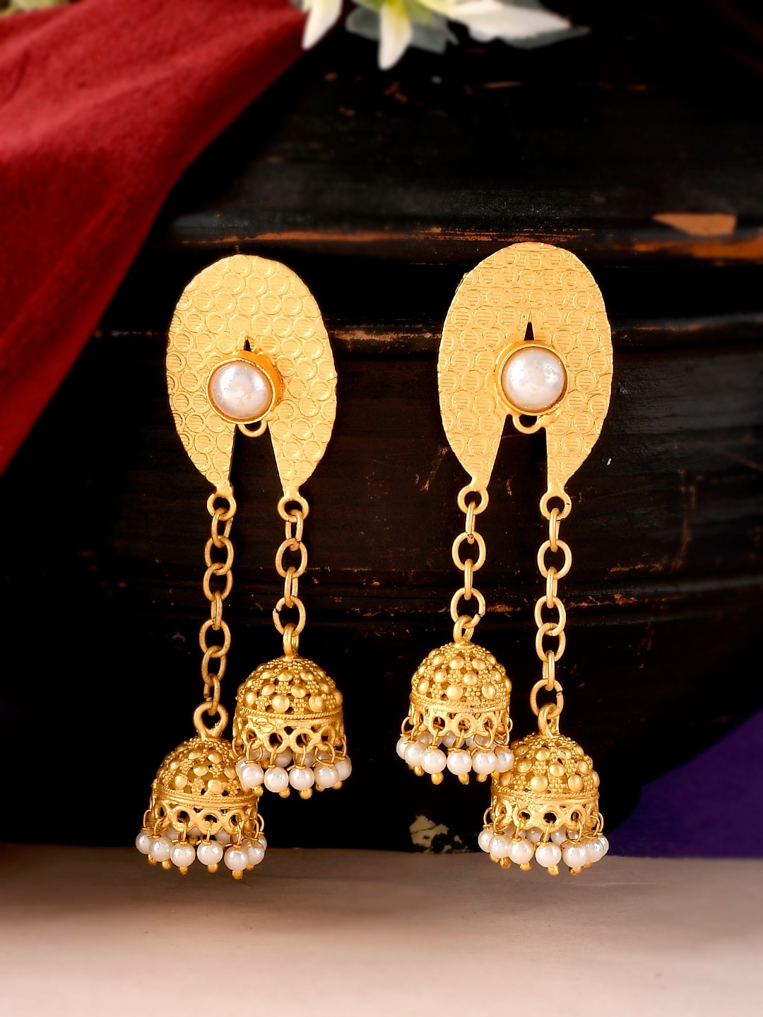 

Silvermerc Designs Gold-Toned Contemporary Jhumkas Earrings