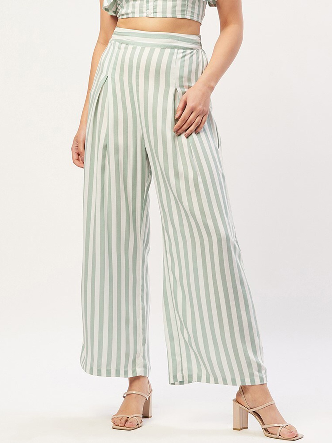 

ANVI Be Yourself Women Green & White Striped Palazzos