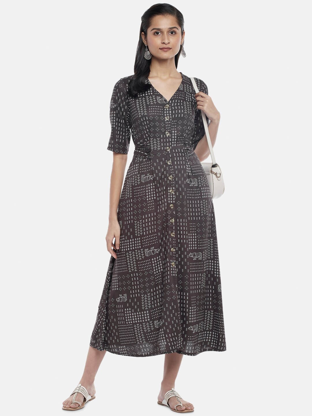 

AKKRITI BY PANTALOONS Charcoal Grey A-Line Midi Dress