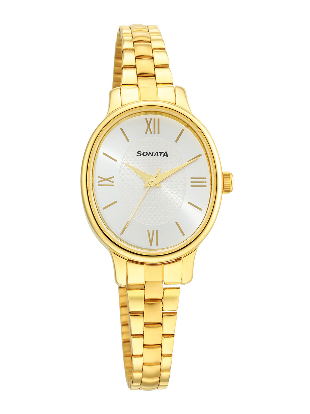 

Sonata Women Gold-Toned Brass Mother of Pearl Dial & Gold Toned Stainless Steel Bracelet Style Straps Watch, Silver