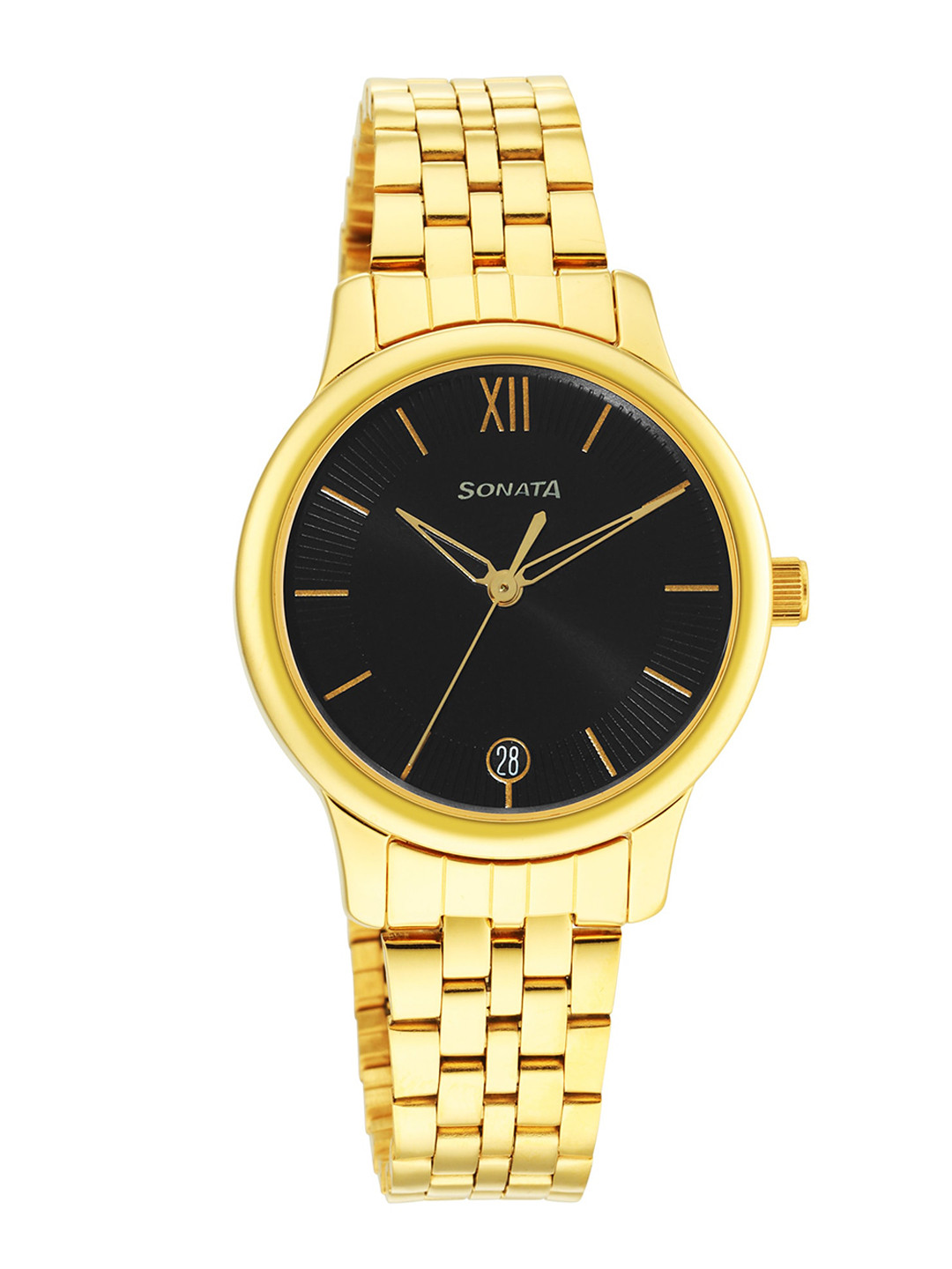 

Sonata Women Gold-Plated Brass Dial & Stainless Steel Bracelet Style Straps Analogue Watch, Black