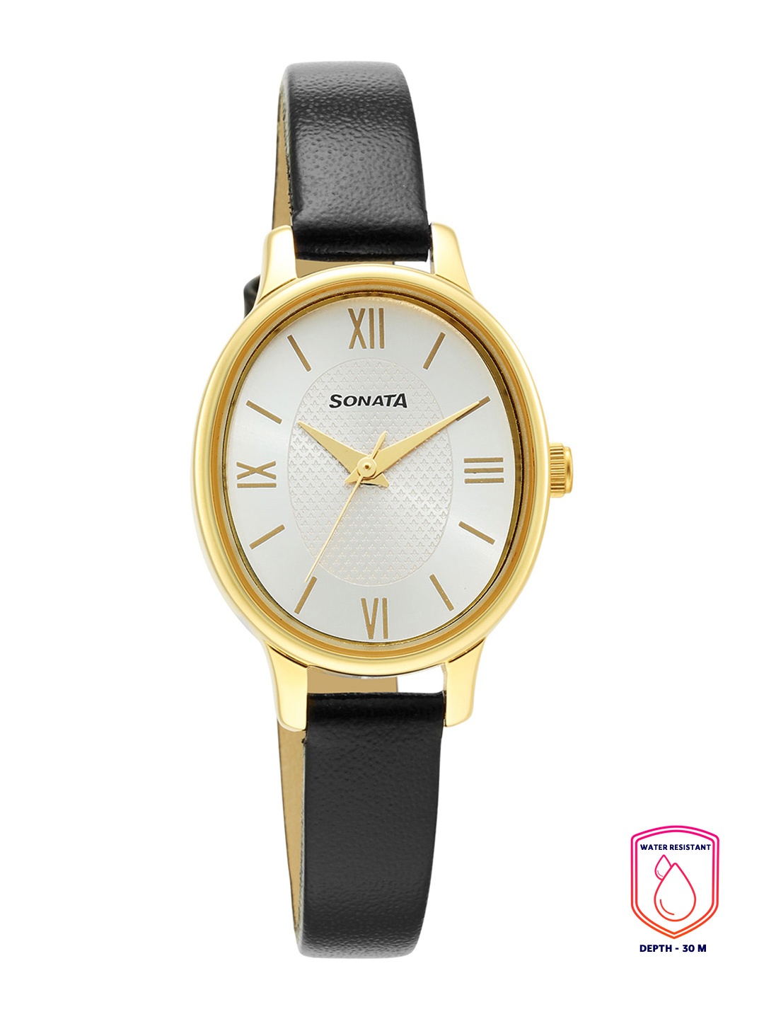 

Sonata Women Gold-Toned Brass Dial & Black Leather Straps Analogue Watch, Silver