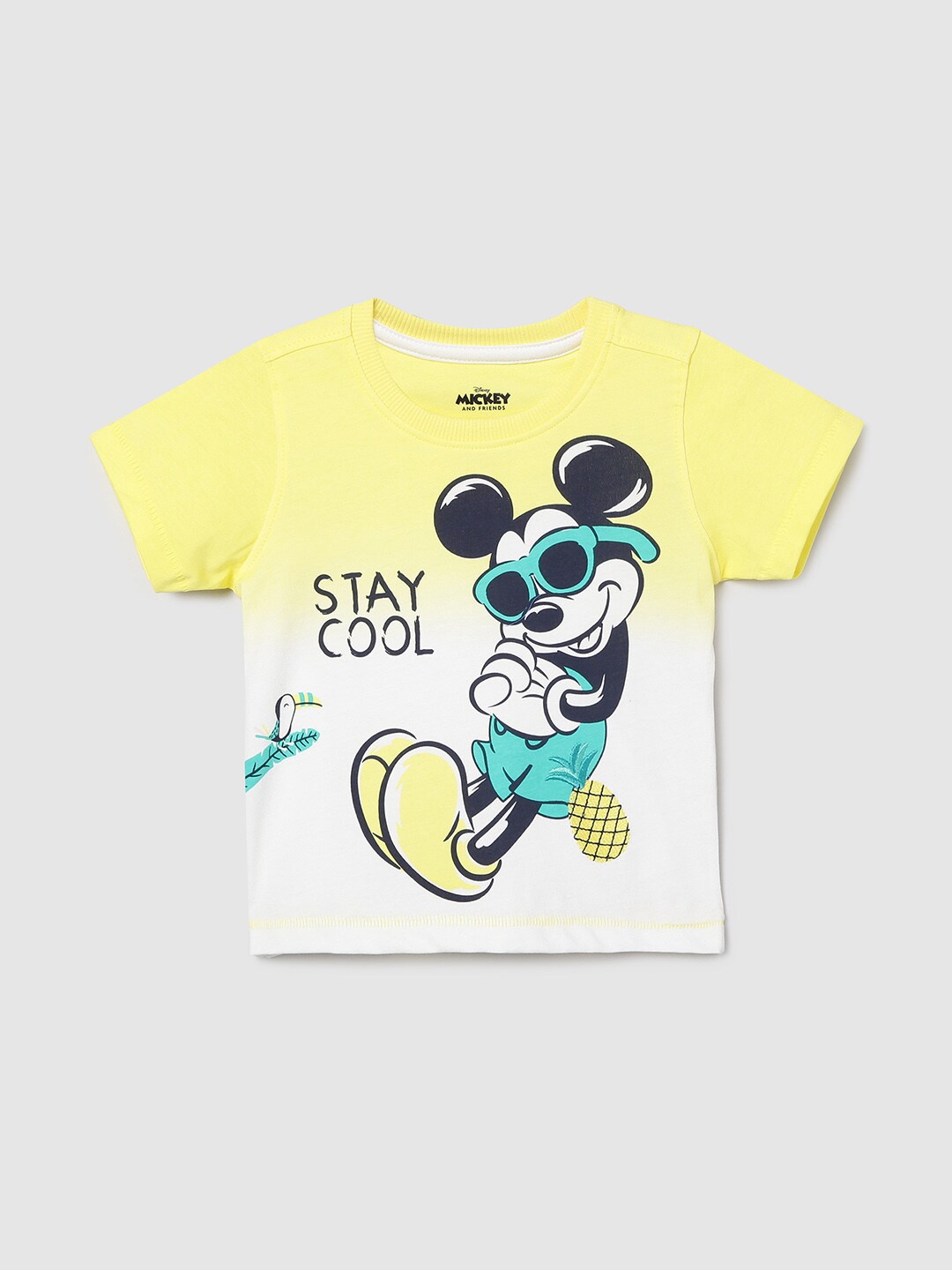 

max Boys Yellow & White Mickey Mouse Printed Pure Cotton T-shirt