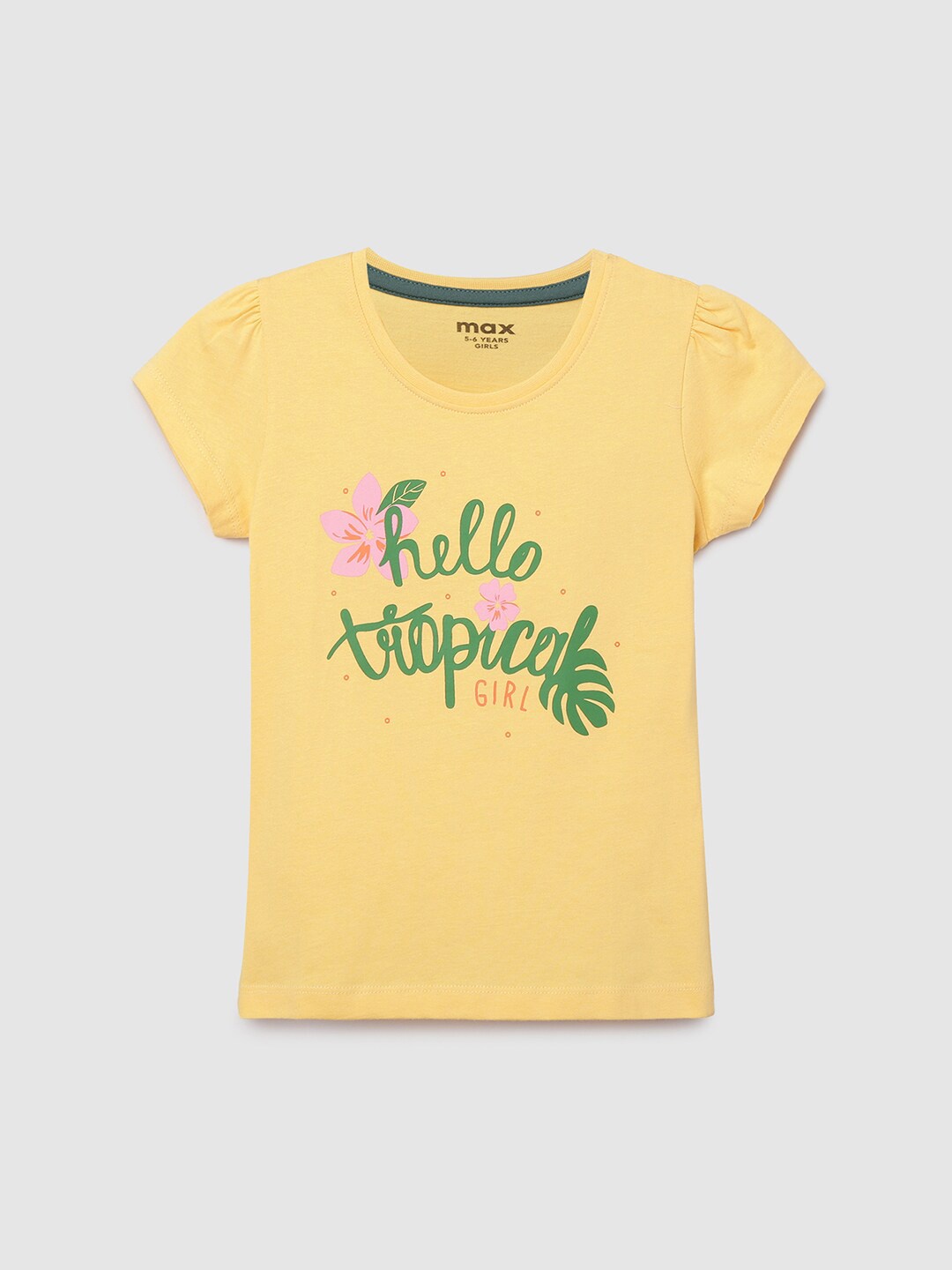 

max Girls Yellow Typography Printed Puff Sleeves T-shirt