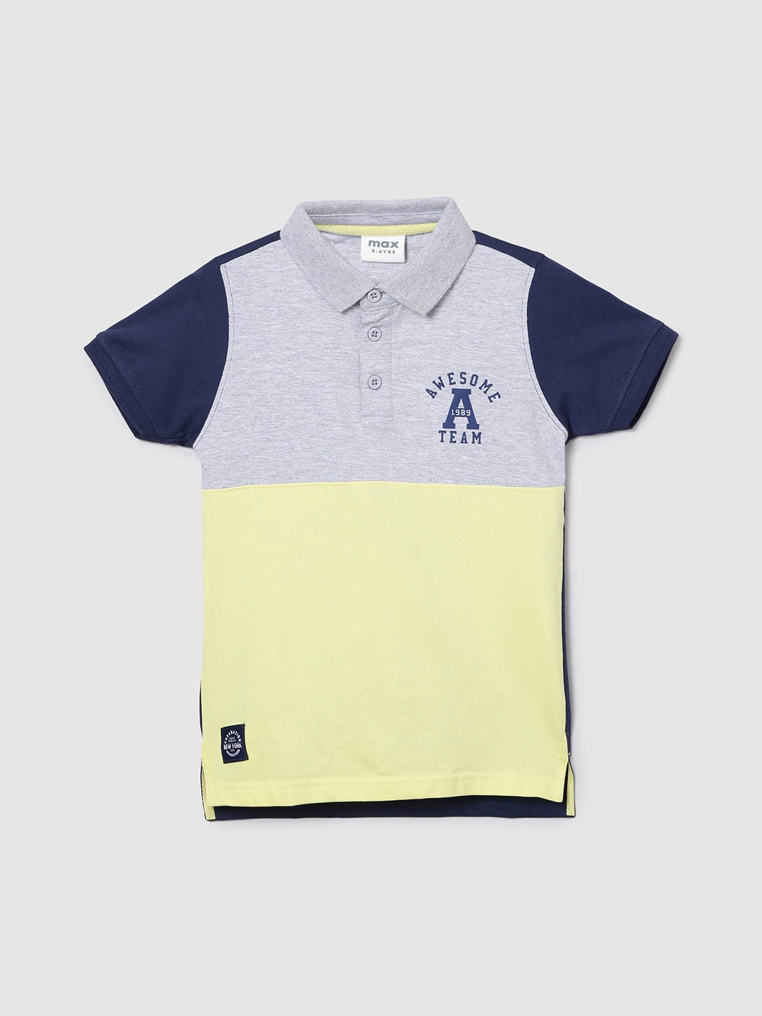 

max Boys Yellow & Grey Colourblocked Polo Collar Applique T-shirt