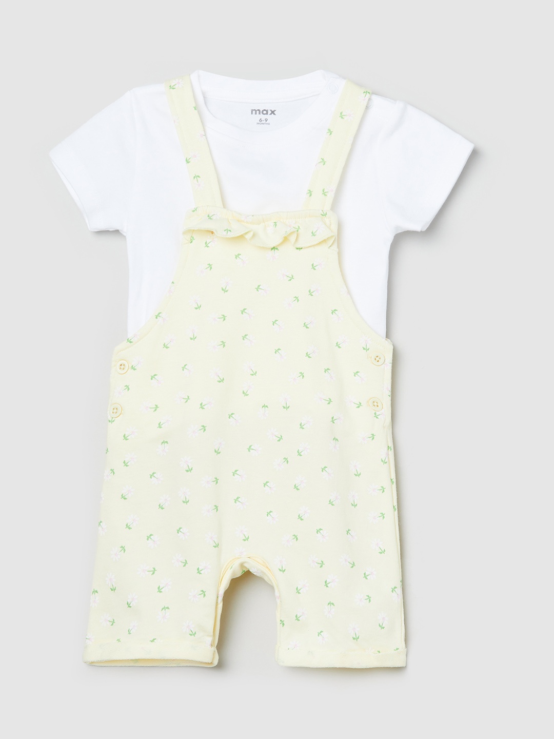

max Girls White & Yellow Cotton T-shirt with Dungarees