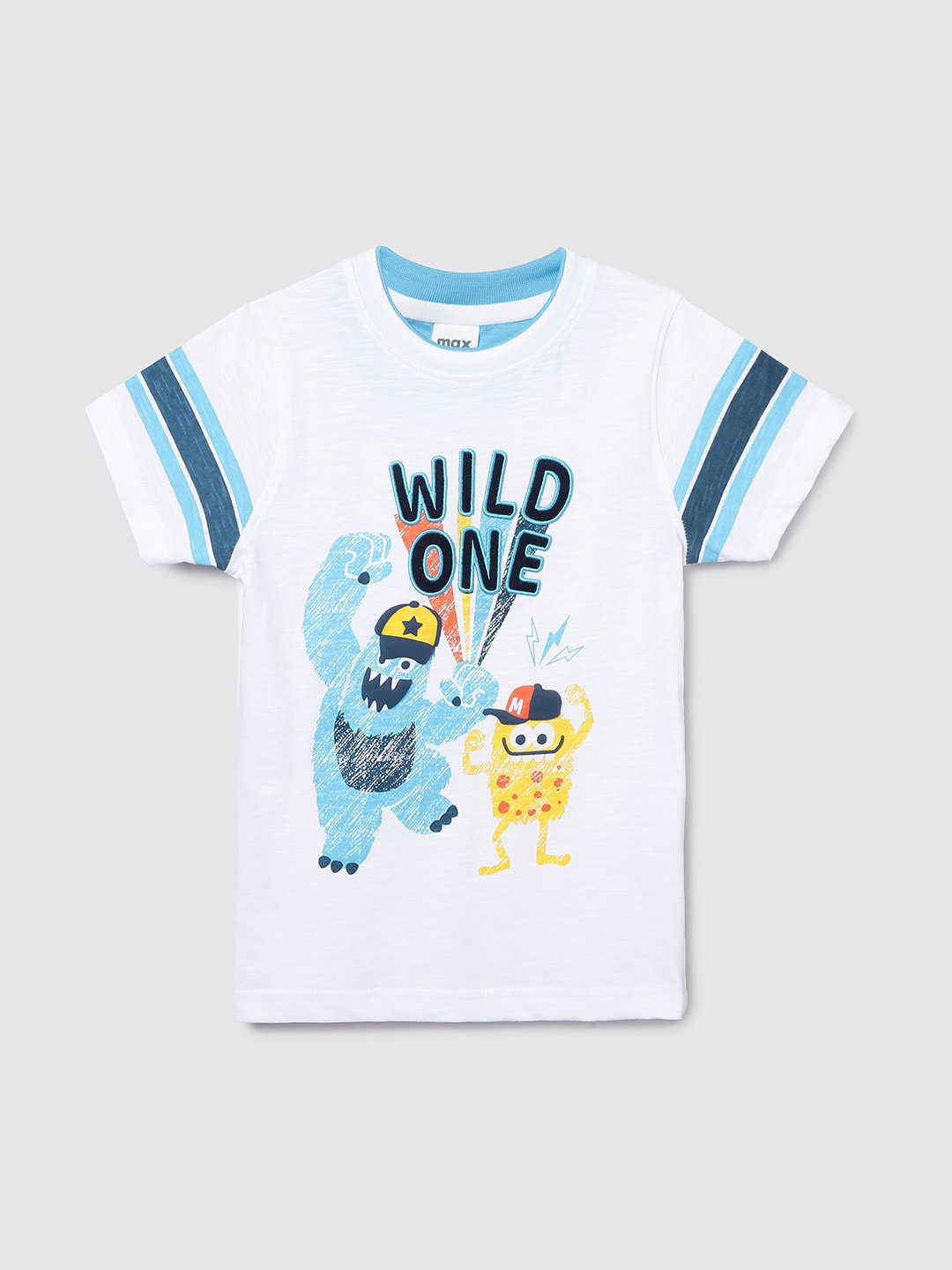 

max Boys White & Blue Printed Cotton T-shirt