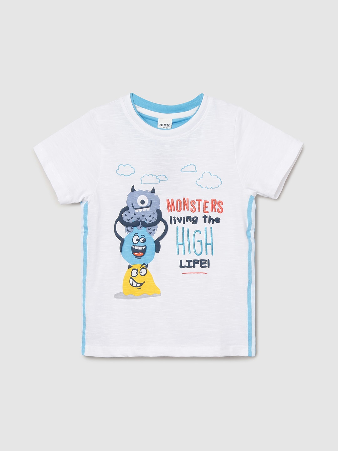 

max Boys White & Blue Printed T-shirt