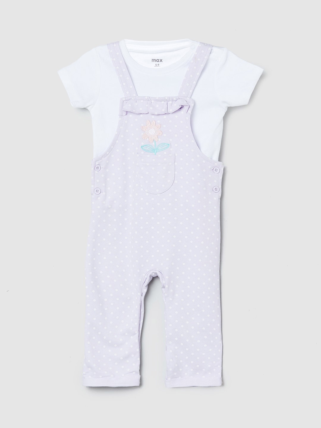 

max Girls White & Lavender Cotton T-shirt with Dungarees