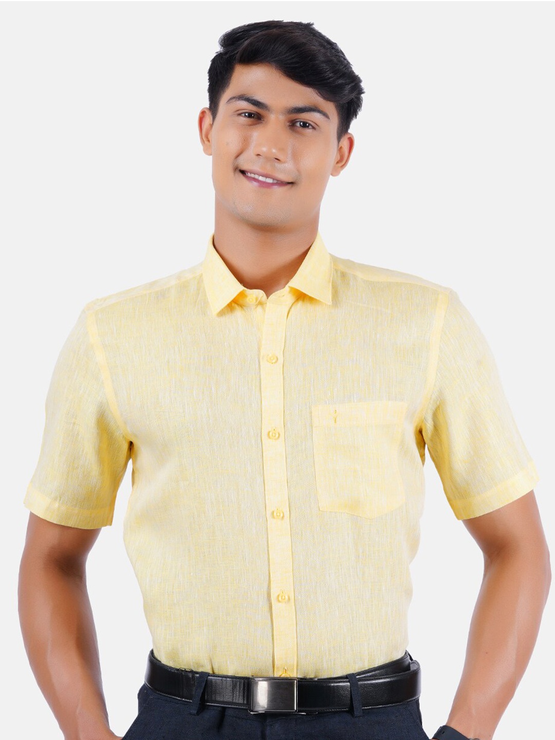 

Ramraj Men Yellow Linen Formal Shirt