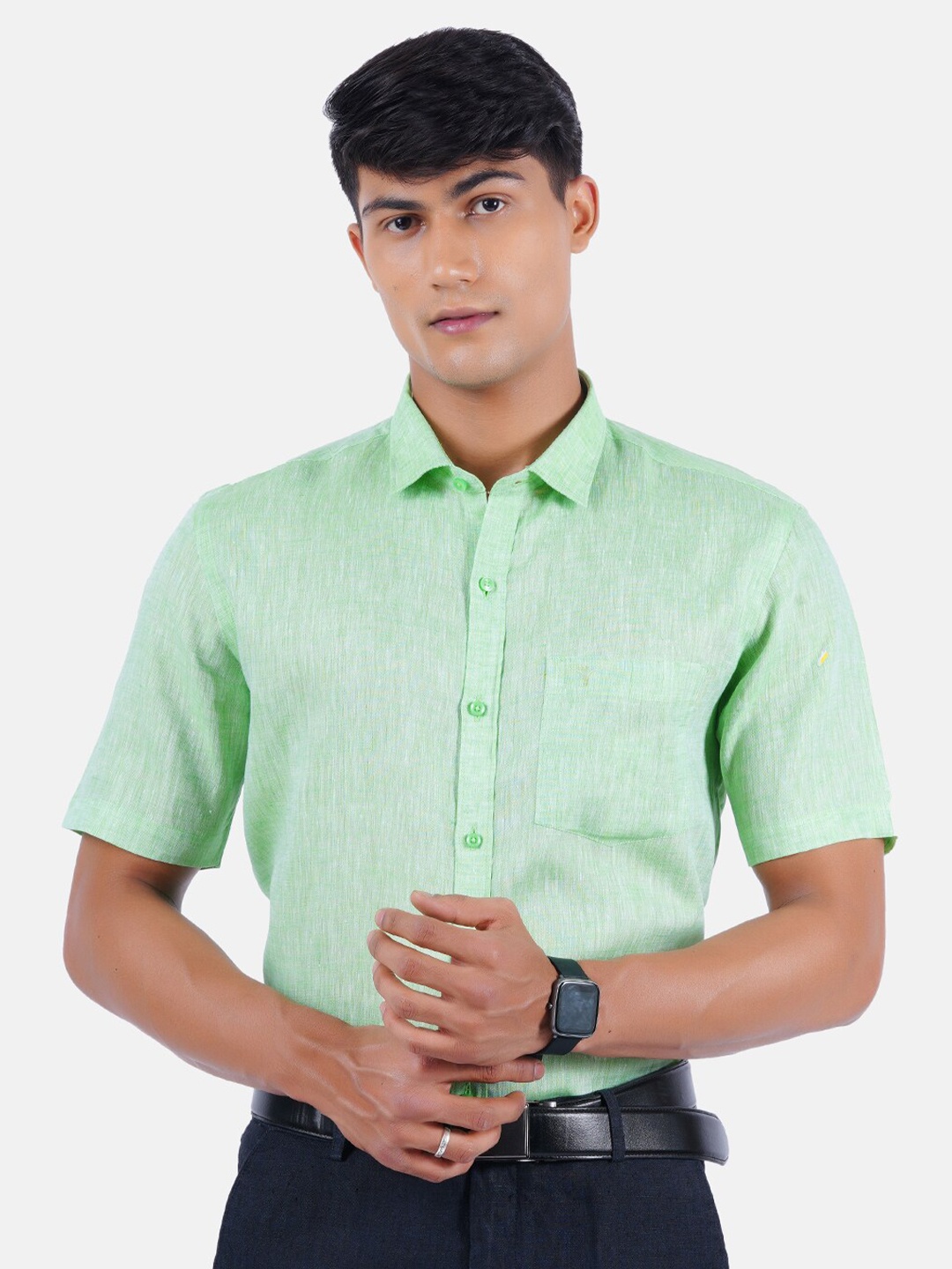 

Ramraj Men Green Formal Pure Linen Shirt
