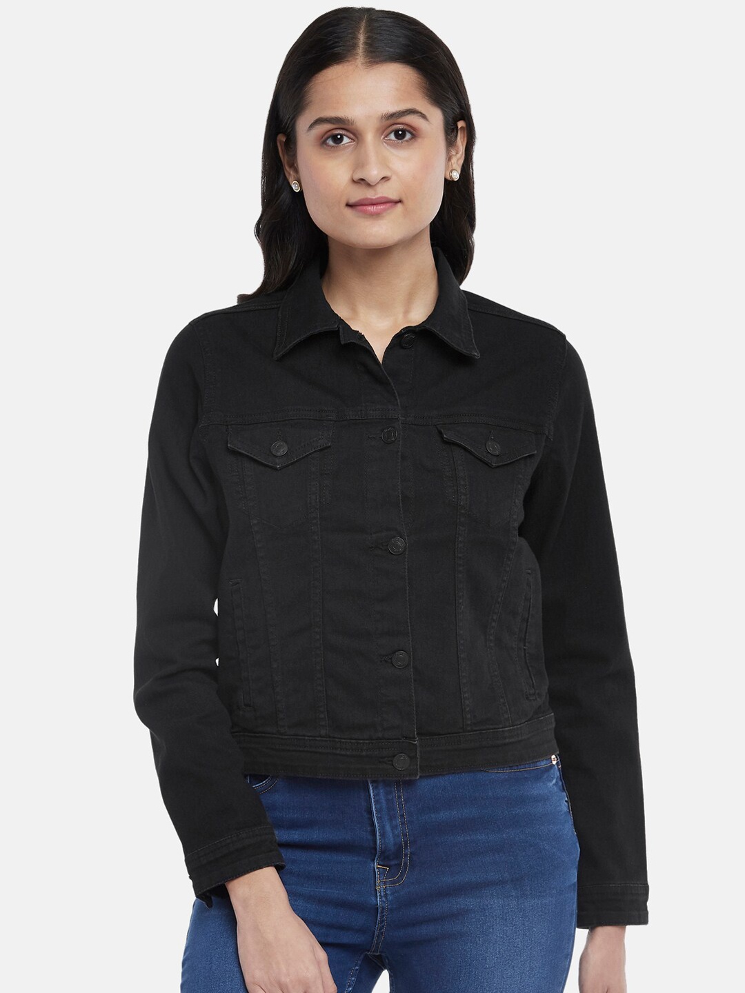 

People Women Black Solid Denim Jacket