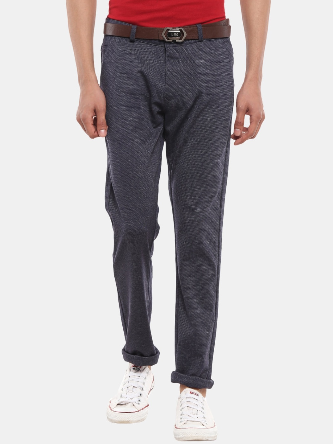 

V-Mart Men Navy Blue Textured Slim Fit Cotton Trousers