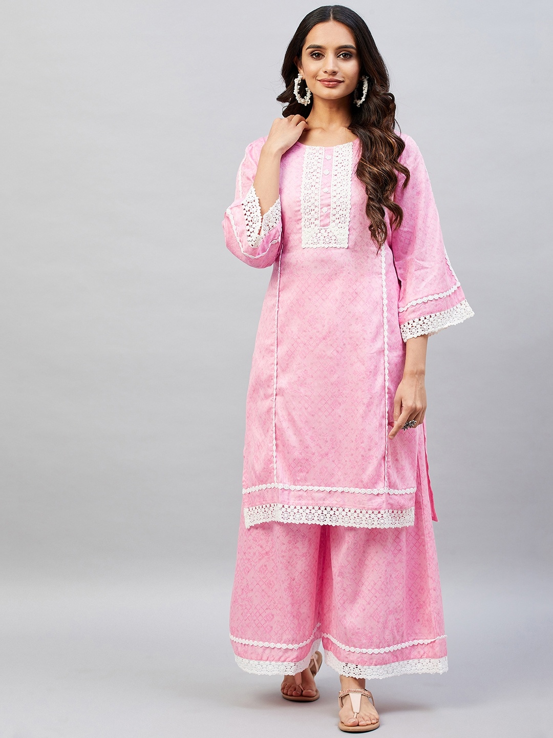 

mulmul.com Women Pink Printed Pure Cotton Kurta with Palazzos