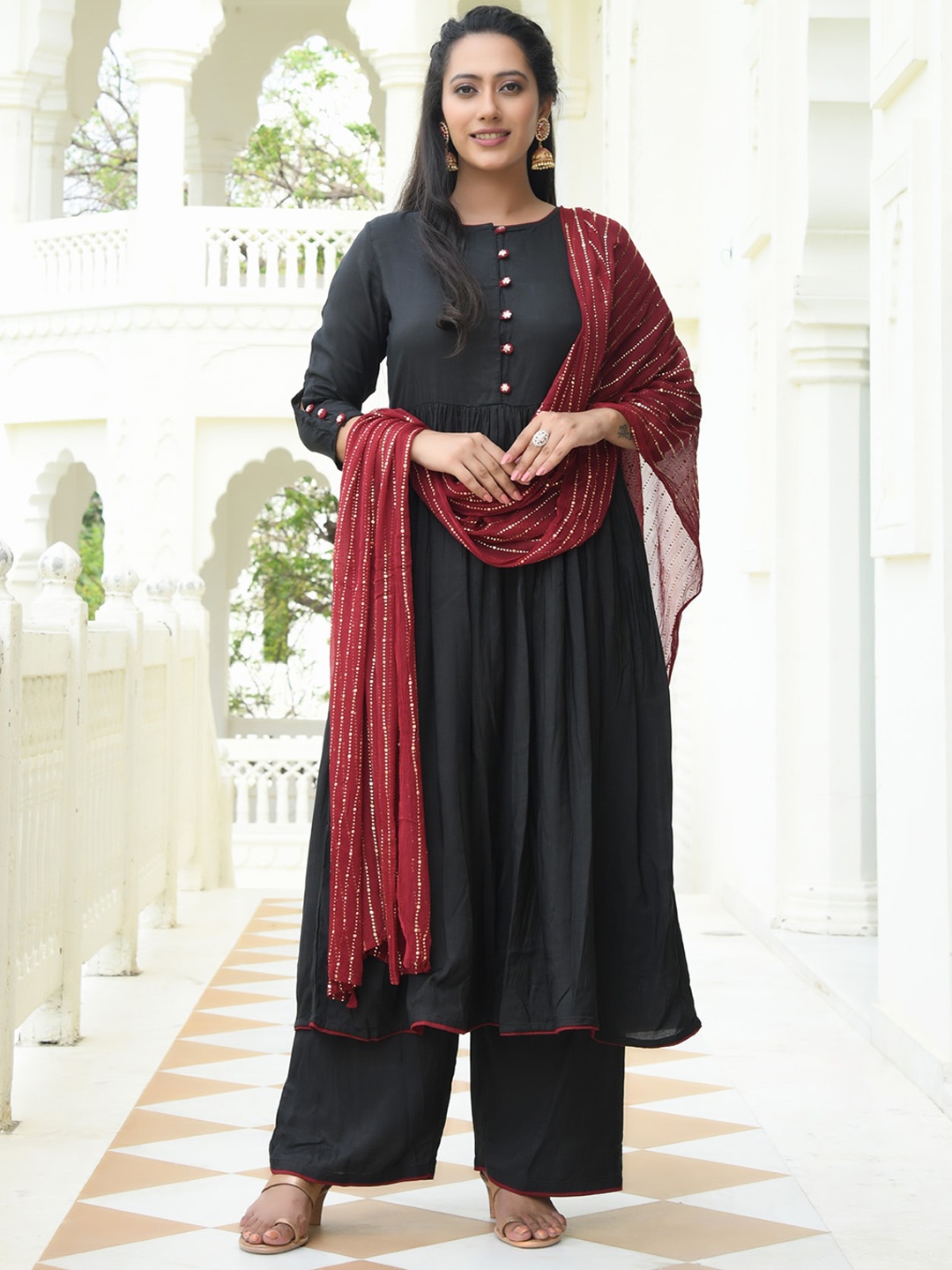 

mulmul.com Women Black Pleated Pure Cotton Kurta with Palazzos & With Dupatta