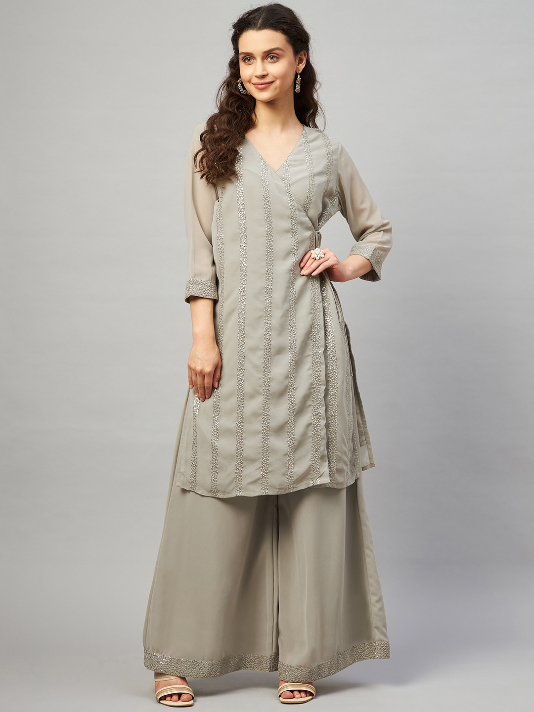 

Mulmul Women Grey Striped Angrakha Sequinned Kurta with Palazzos