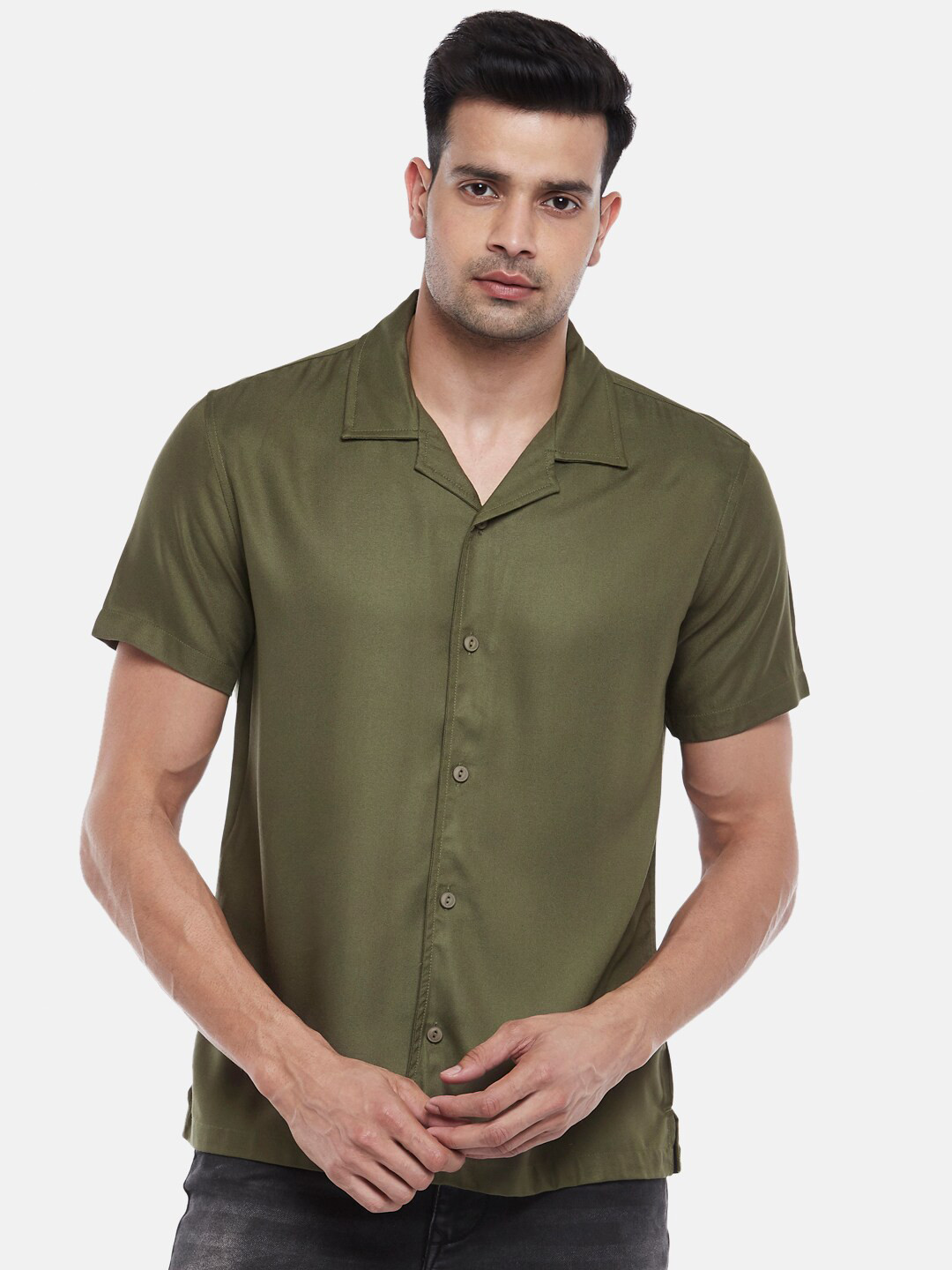 

People Men Olive Green Casual Shirt