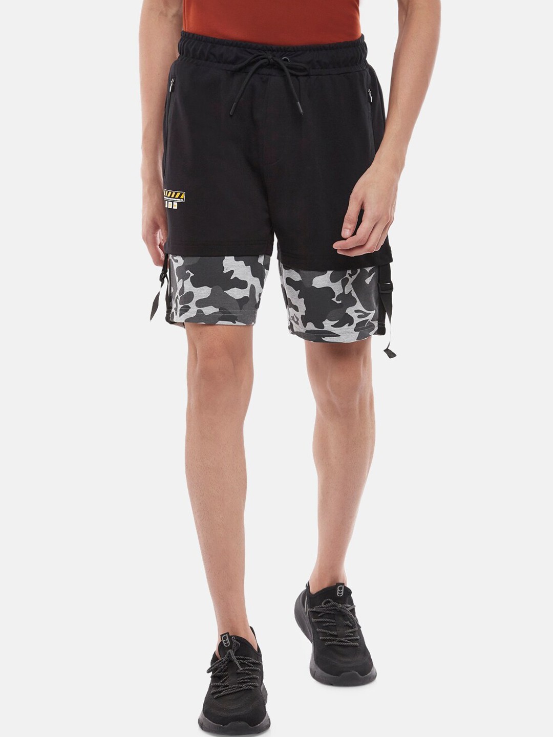 

Ajile by Pantaloons Men Black Camouflage Printed Slim Fit Cotton Running Sports Shorts