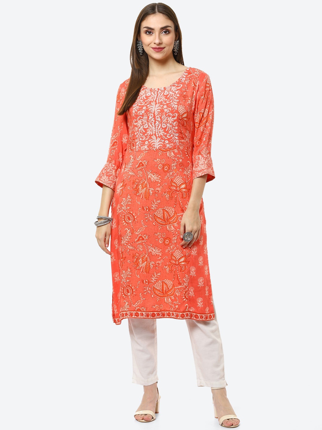 

Biba Women Coral Orange Printed Kurta