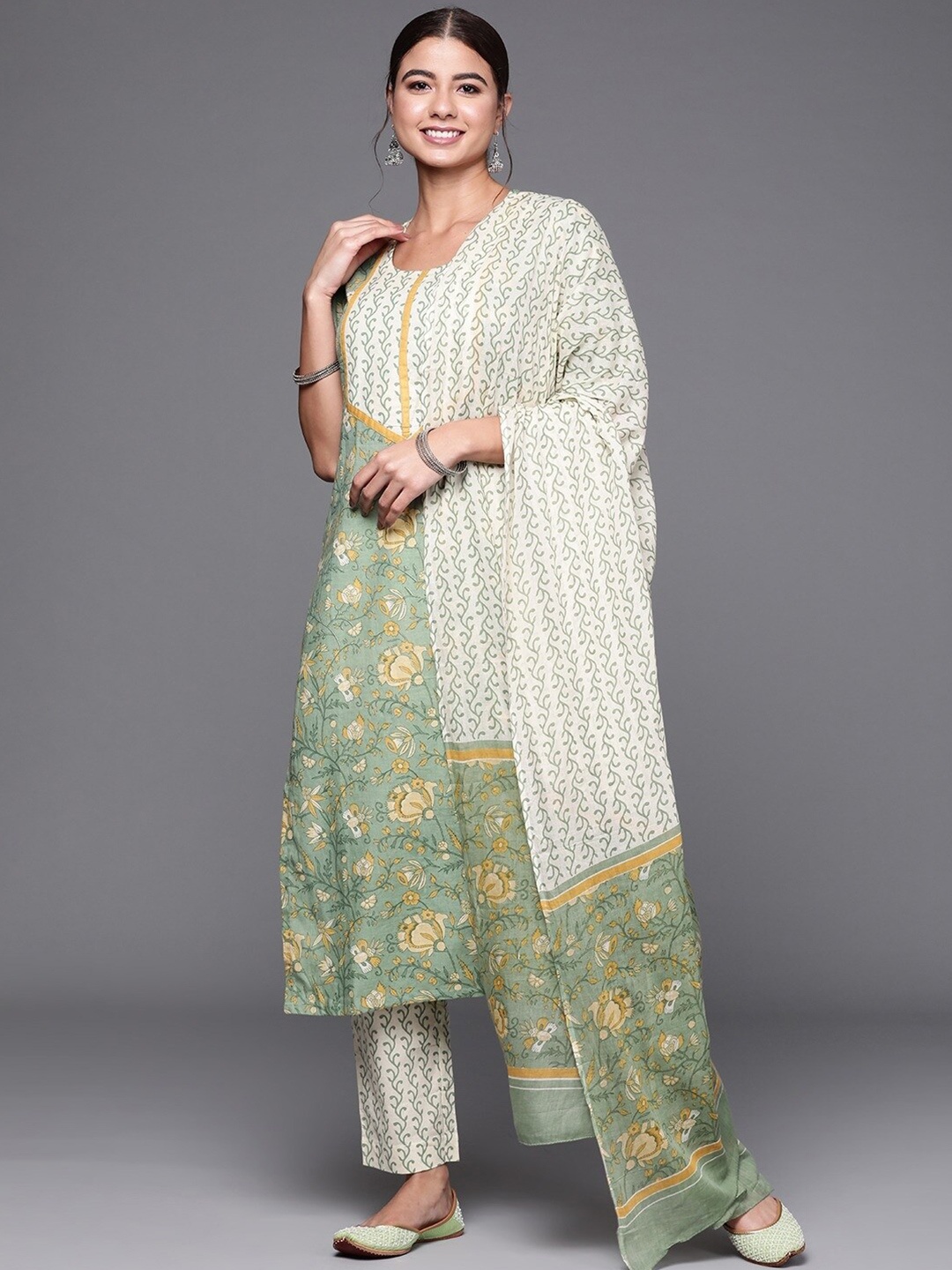

Biba Green & White Floral Printed Pure Cotton Unstitched Dress Material
