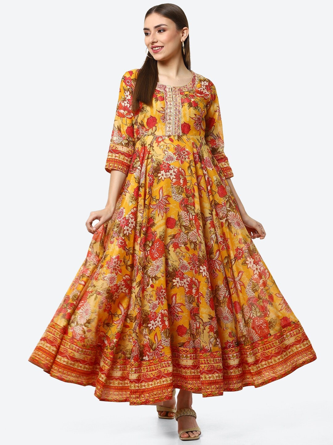 

Biba Women Mustard Yellow & Red Floral Ethnic Maxi Dress