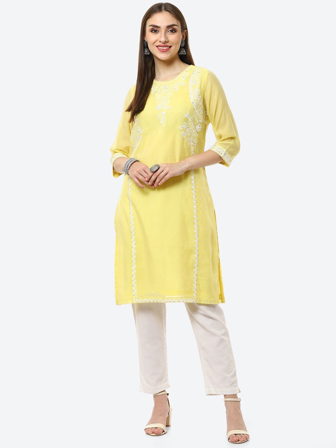 

Biba Women Yellow Ethnic Motifs Embroidered Chikankari Kurta