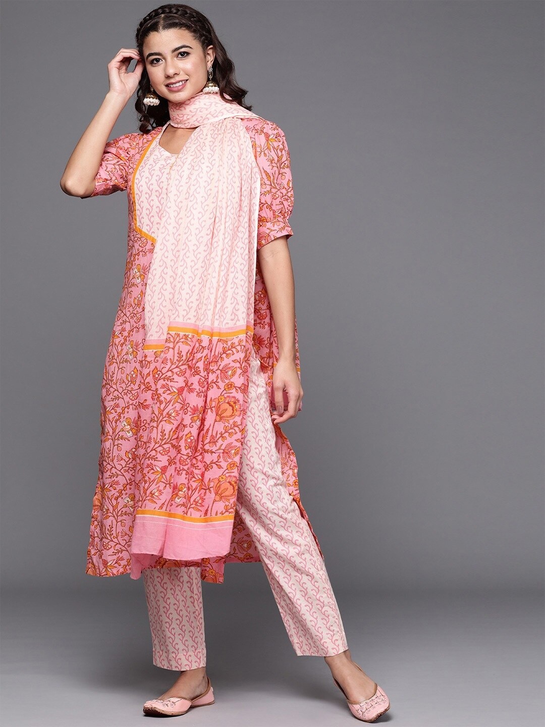 

Biba Pink & White Printed Pure Cotton Unstitched Dress Material