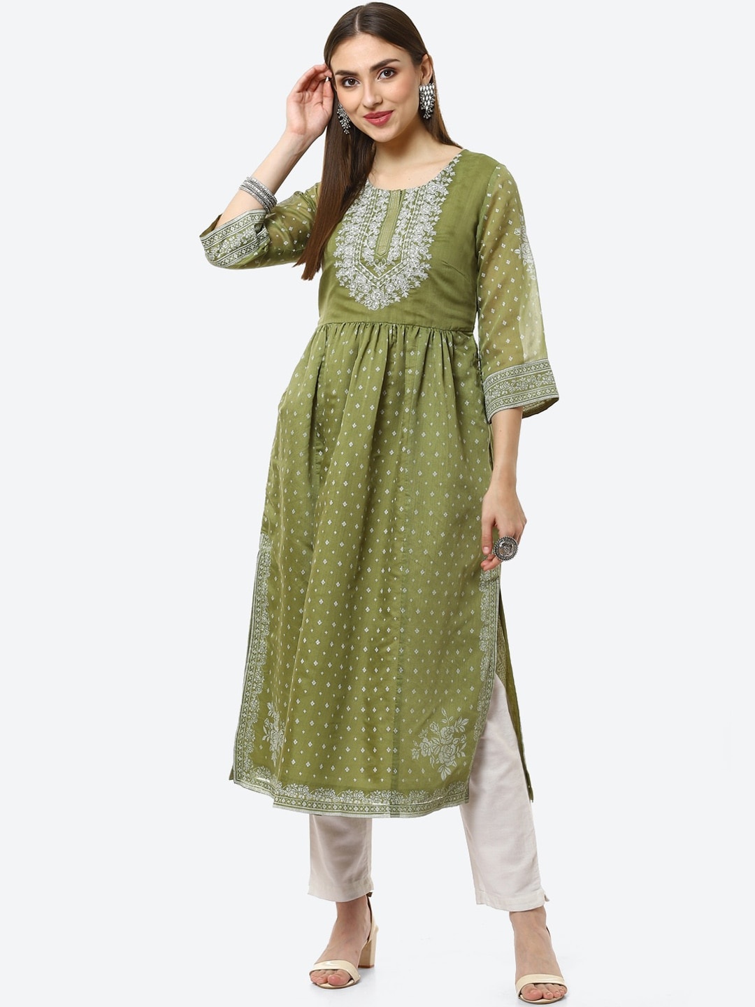 

Biba Women Green Ethnic Motifs Printed Flared Sleeves Thread Work Anarkali Kurta