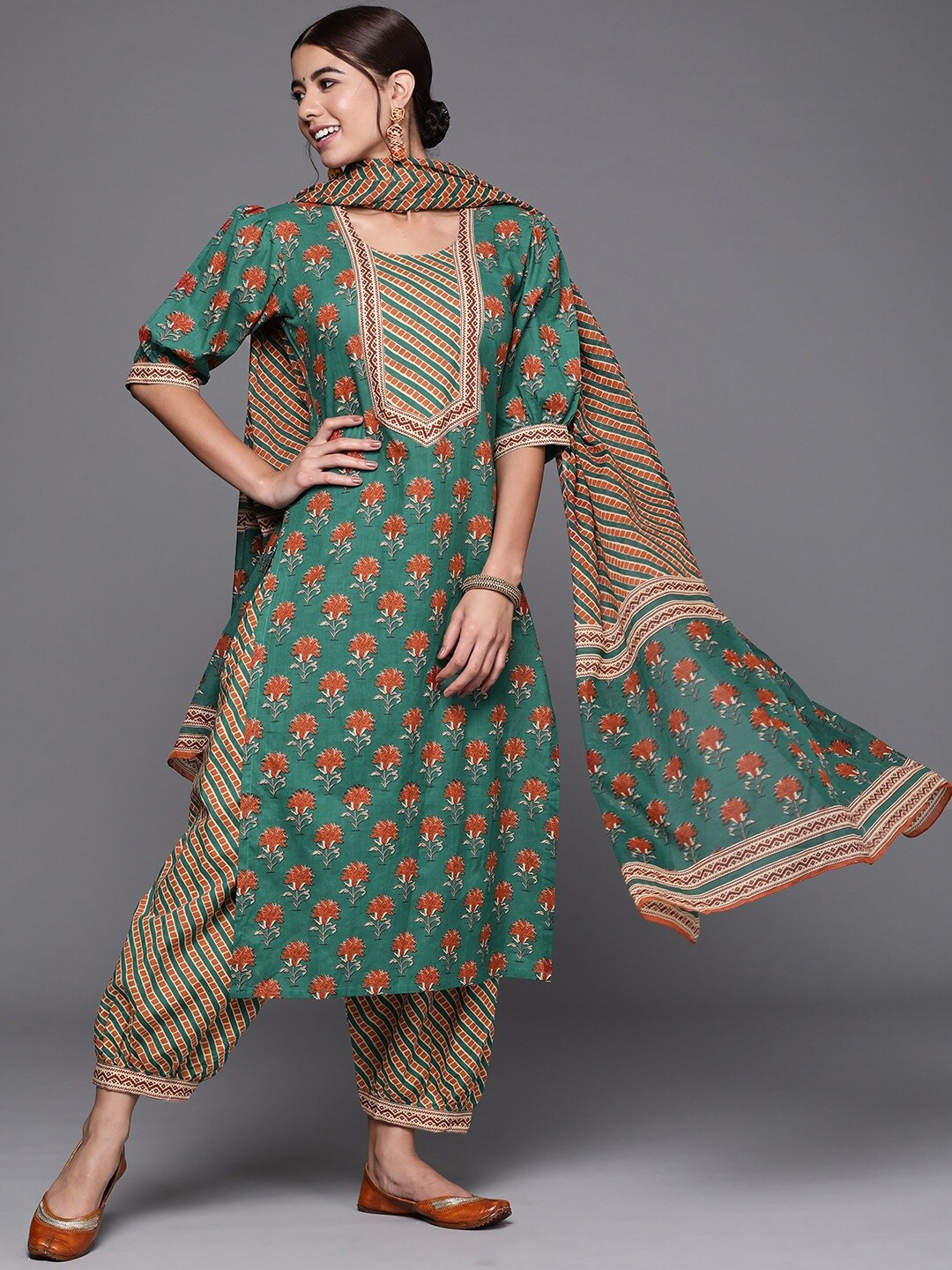 

Biba Green & Red Printed Pure Cotton Unstitched Dress Material