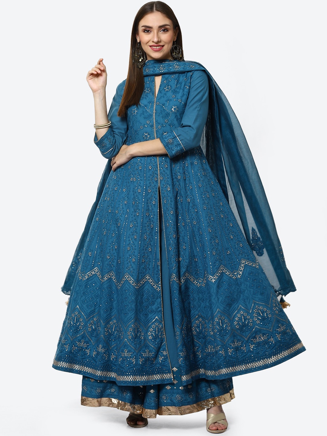 

Biba Women Teal Ethnic Motifs Embroidered High Slit Pure Cotton Kurta with Skirt & With Dupatta