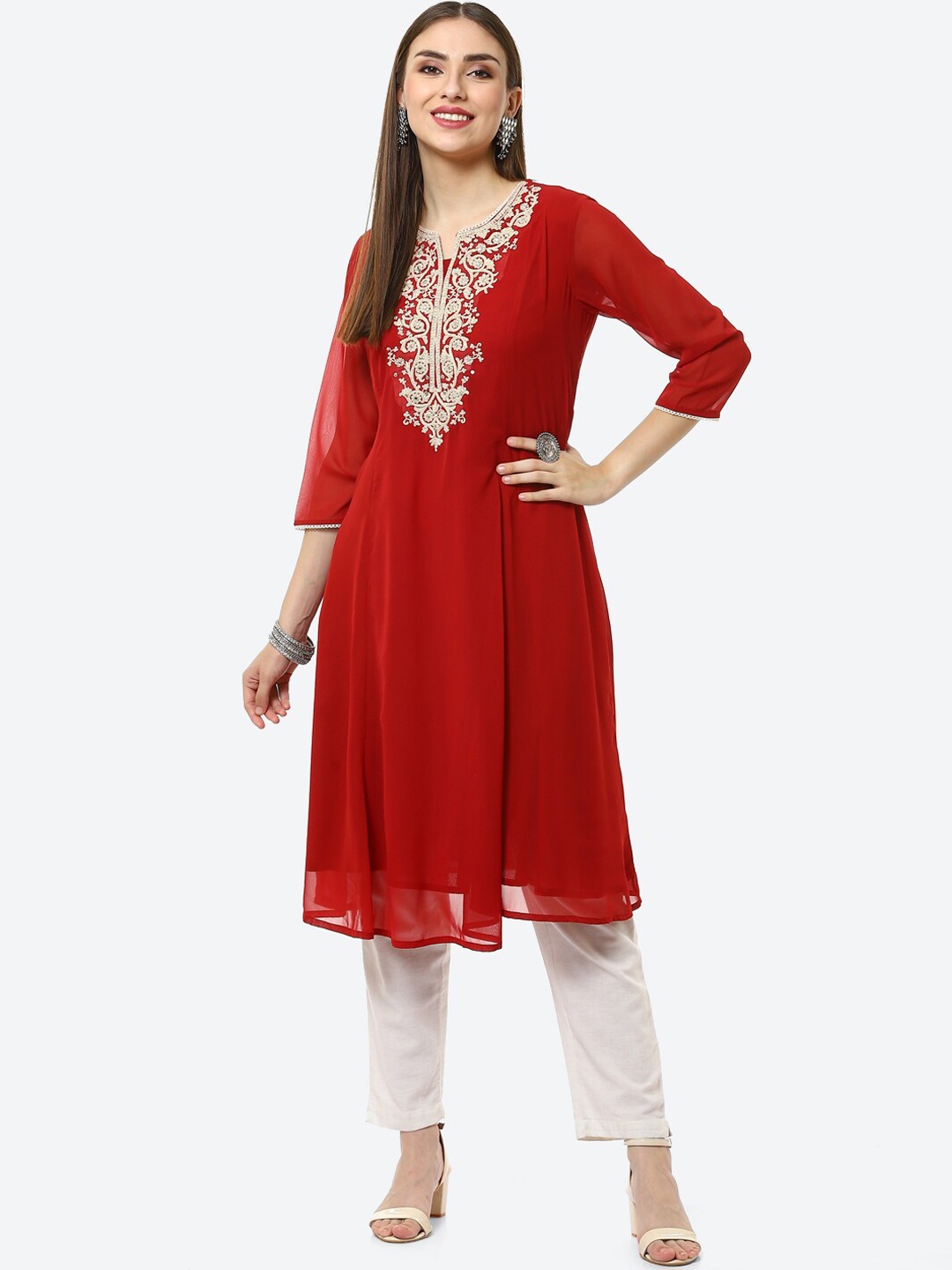 

Biba Women Red Ethnic Motifs Embroidered Kurta