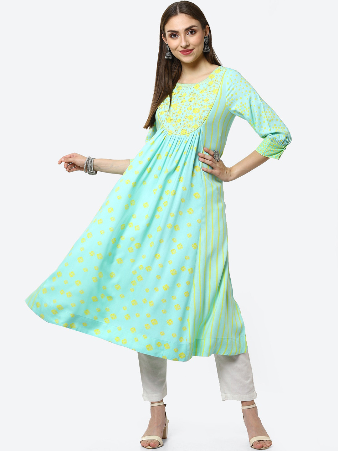 

Biba Women Turquoise Blue Ethnic Motifs Embroidered Thread Work Anarkali Kurta