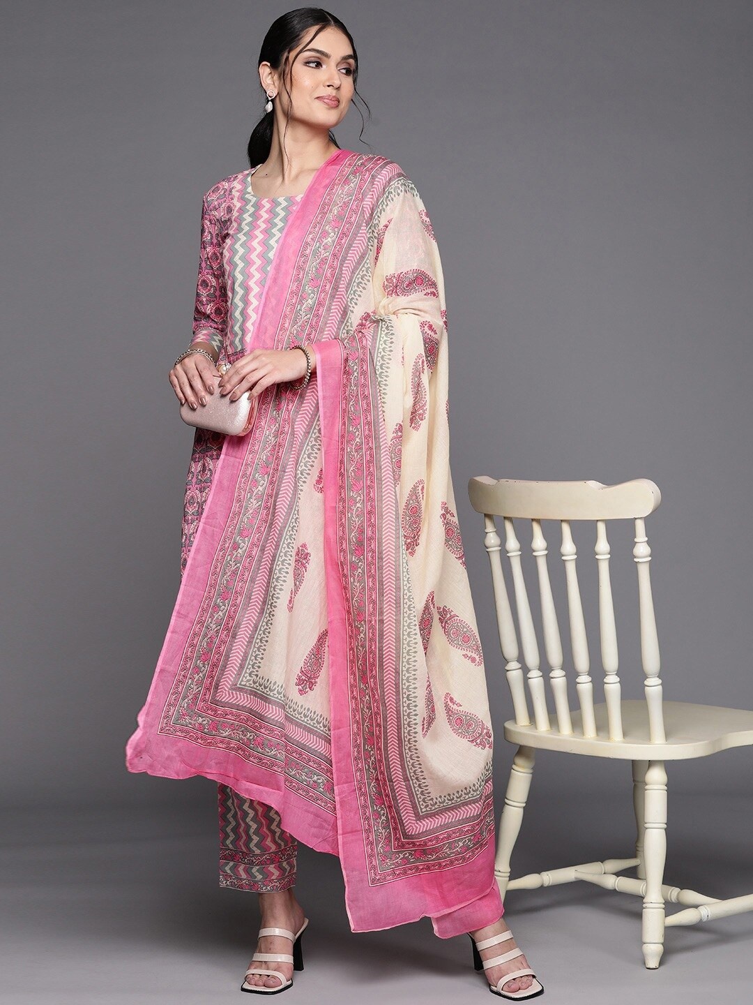 

Biba Pink & Grey Ethnic Motifs Printed Pure Cotton Unstitched Dress Material