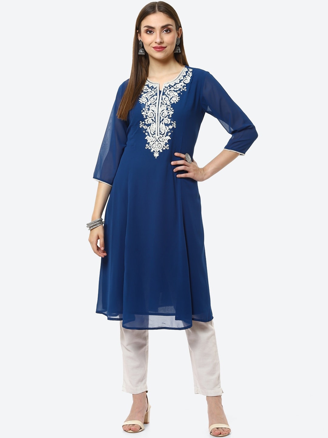 

Biba Women Navy Blue Yoke Design Thread Work Kurta