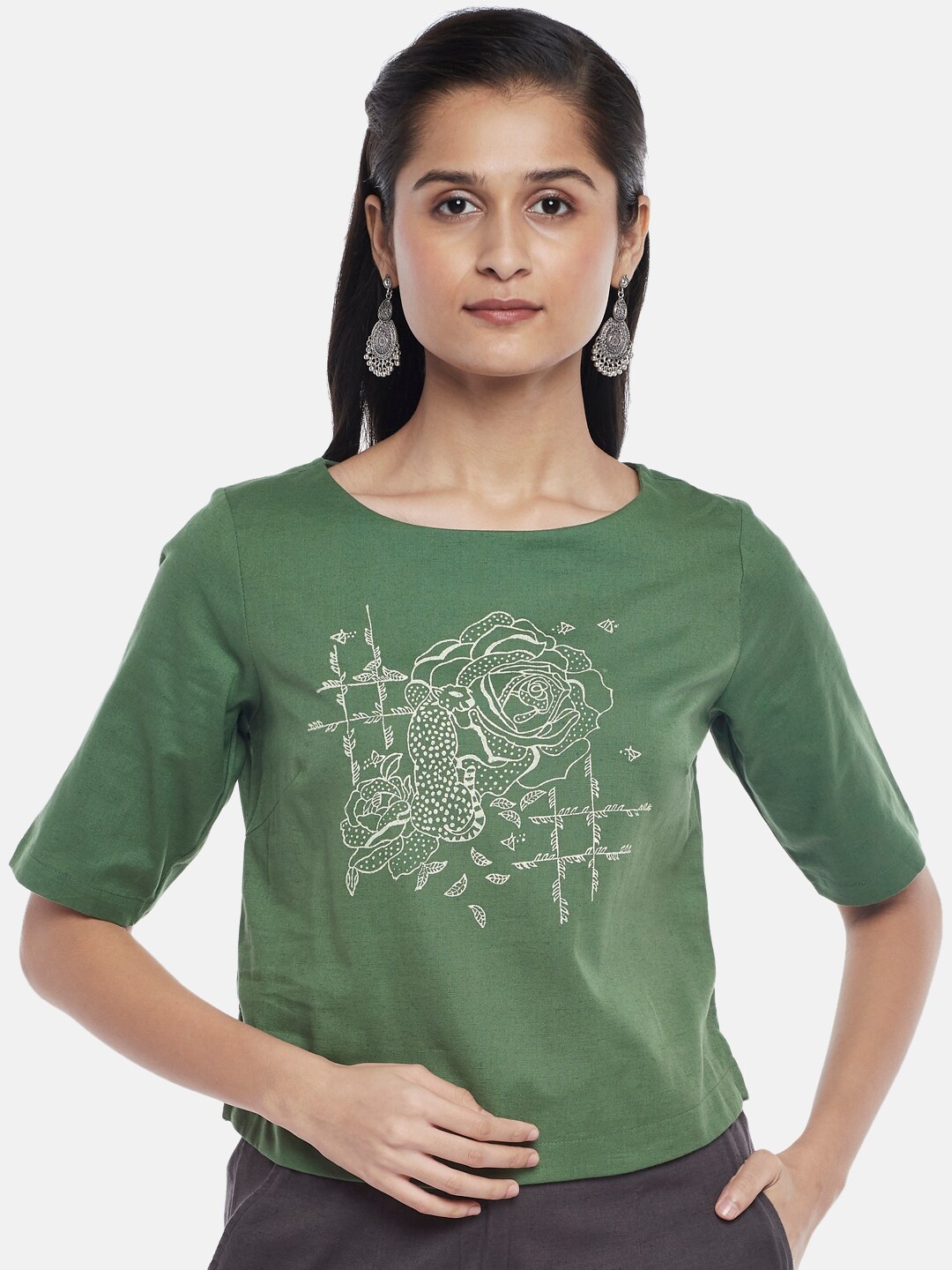 

AKKRITI BY PANTALOONS Women Olive Green Floral Print Cotton Top