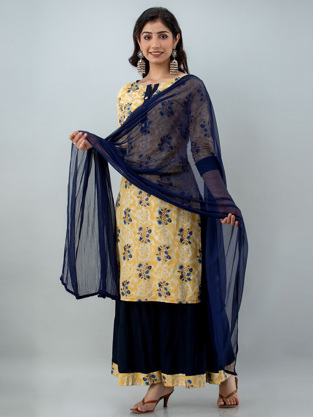 

Lovista Women Yellow & Navy Blue Printed Kurta with Skirt & With Dupatta