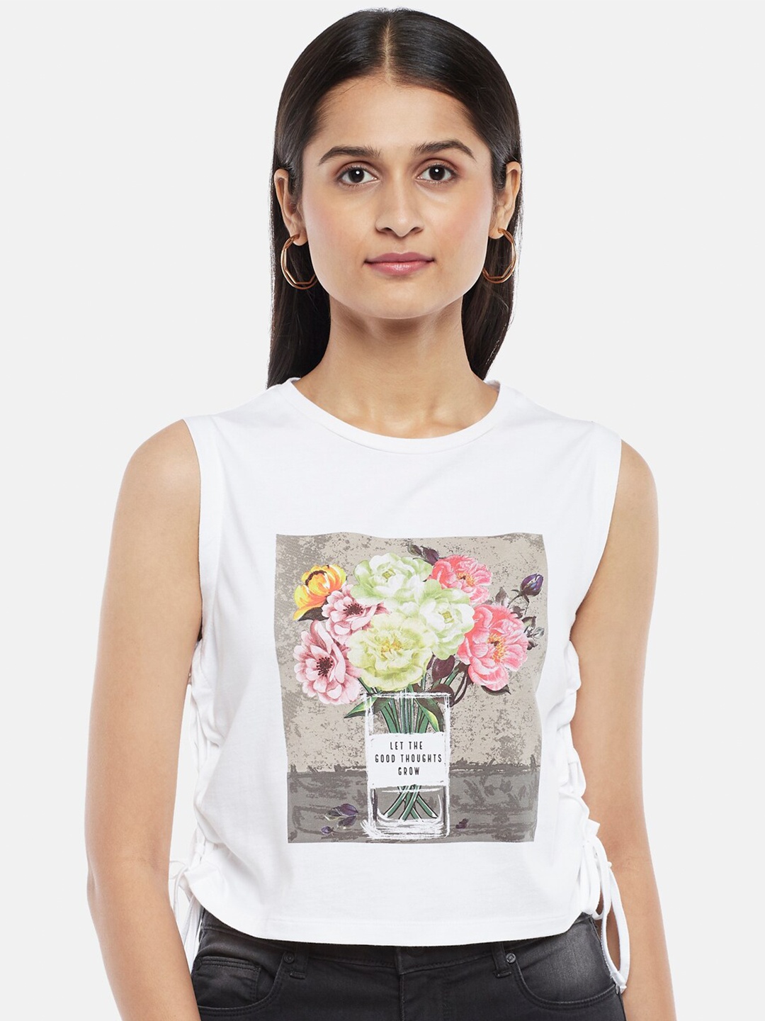 

People White Printed Pure Cotton Crop Top