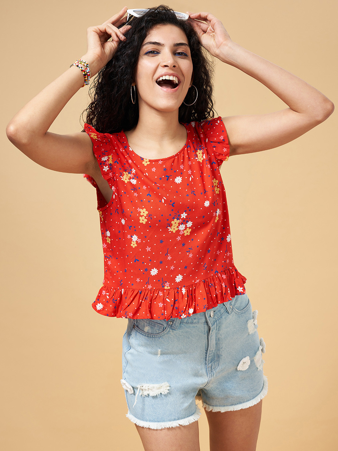 

People Red Floral Printed Crop Top