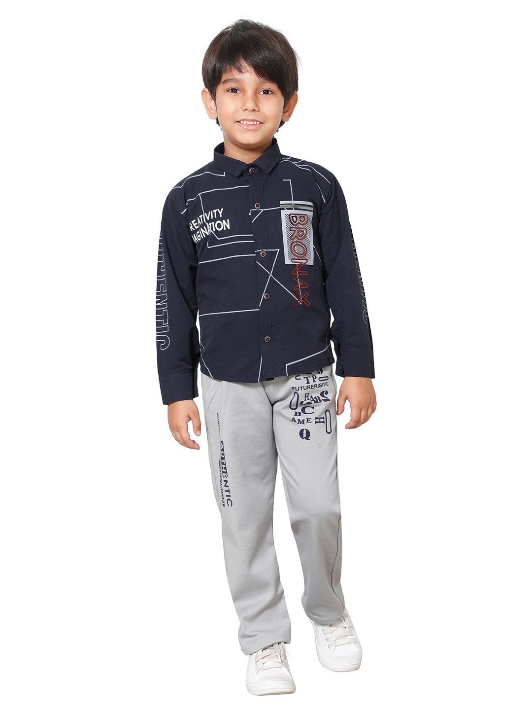 

DKGF FASHION Boys Navy Blue & Grey Printed Shirt & Trousers