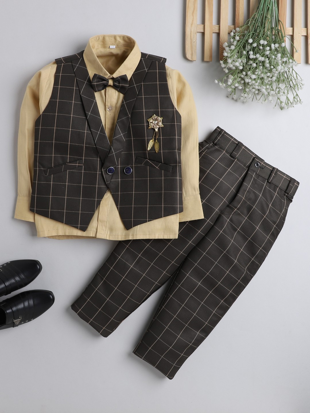 

DKGF FASHION Boys Brown & Beige Shirt with Trousers