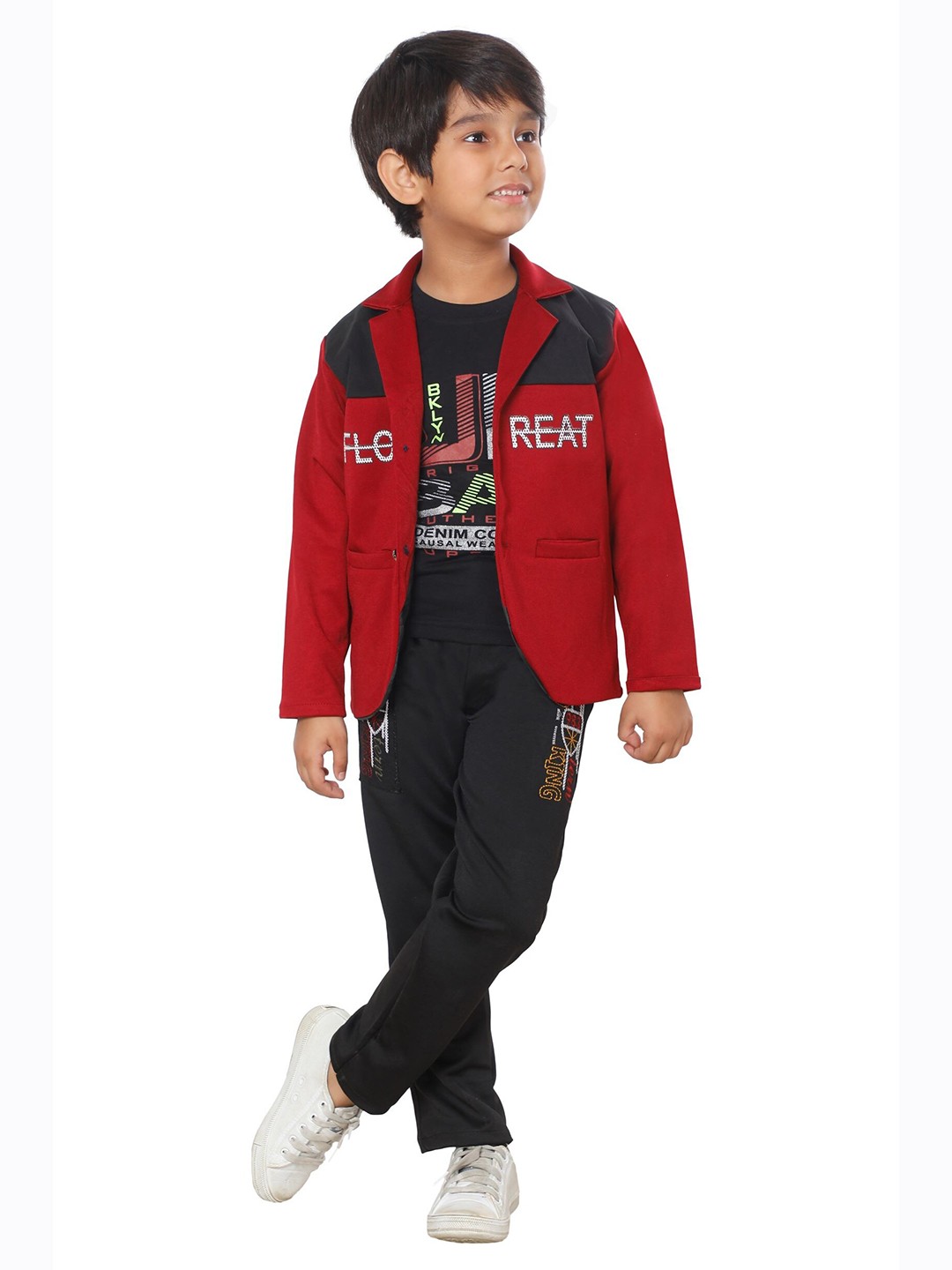 

DKGF FASHION Boys Maroon & Black Printed 3-Piece Suit