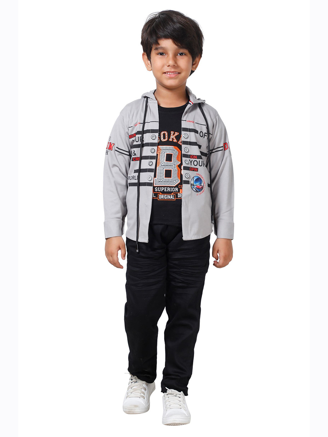 

DKGF FASHION Boys Grey & Black Printed Shirt with Jeans